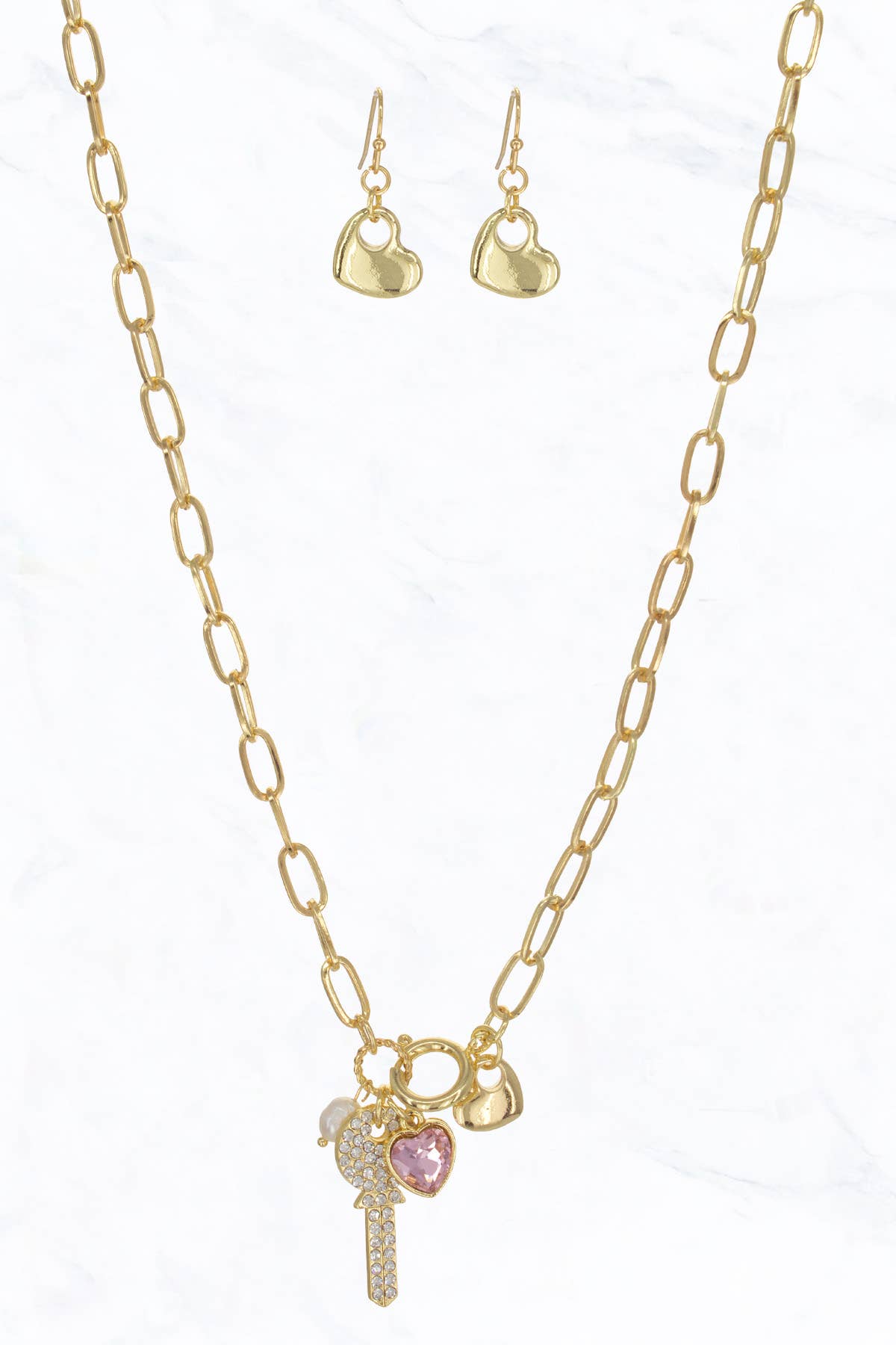 NE6658C Key w/Rhinestone Glass Heart Pendant Link Chain Necklace Set