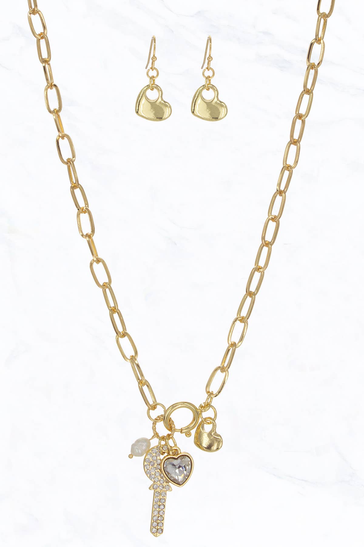 NE6658C Key w/Rhinestone Glass Heart Pendant Link Chain Necklace Set