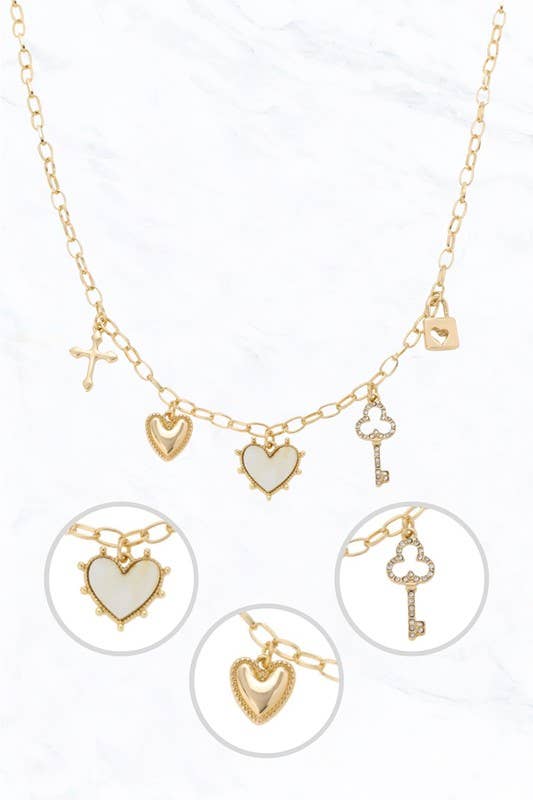 18673WH Heart Key Lock Charm Necklace