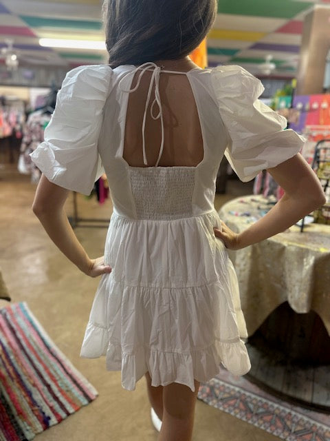 CC WHITE PUFF SLEEVED DRESS