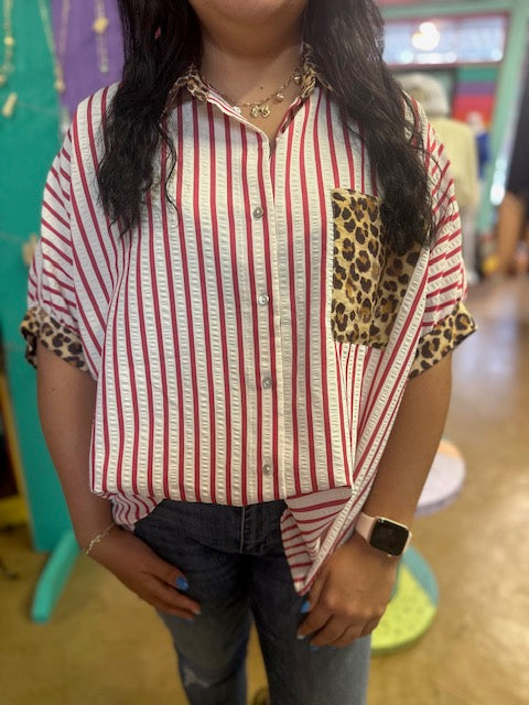 CC RED/WHITE & LEOPARD BLOUSE