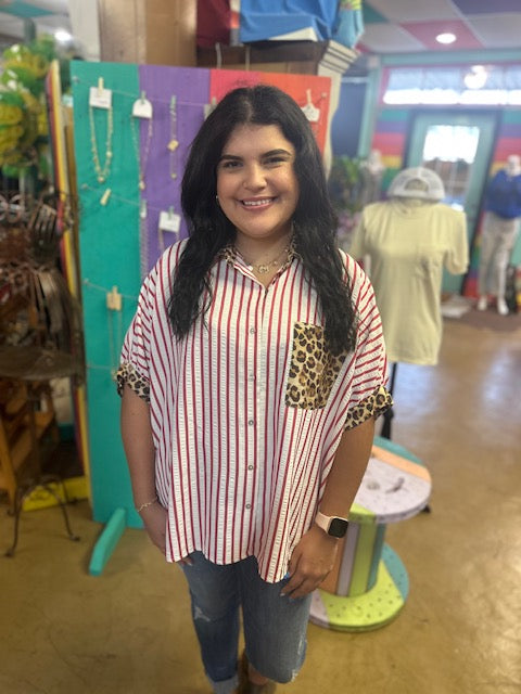 CC RED/WHITE & LEOPARD BLOUSE
