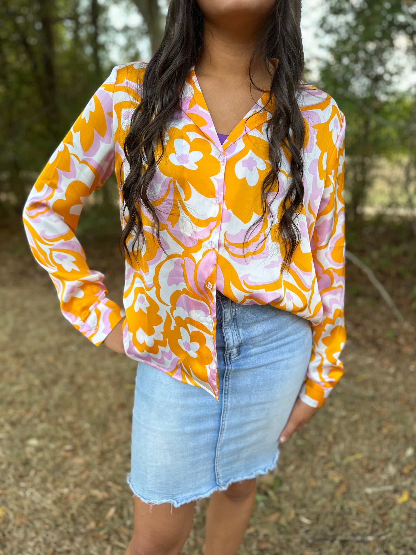 Long Sleeve Retro Print Satin Top