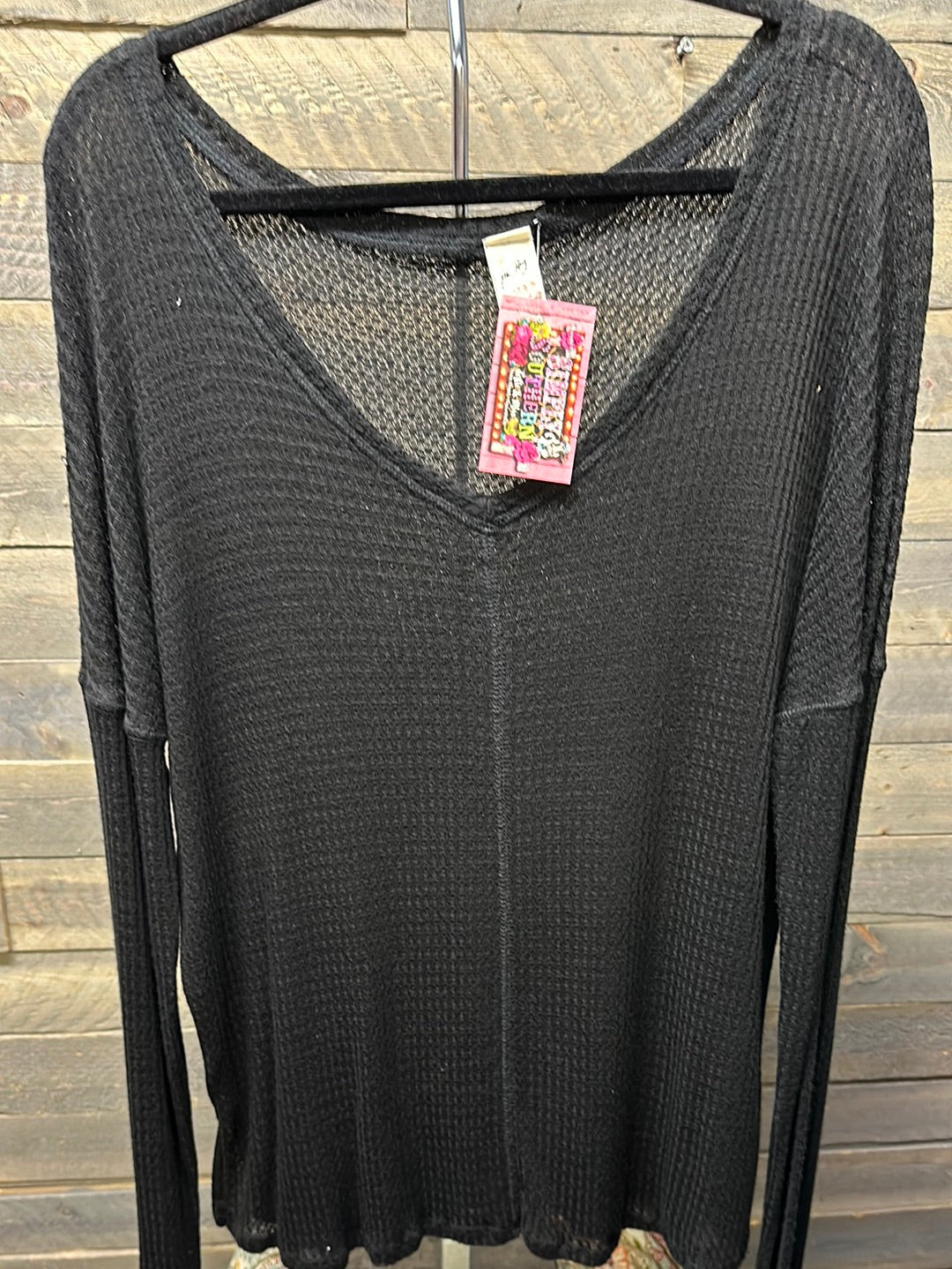 Black Waffle Knit V-Neck