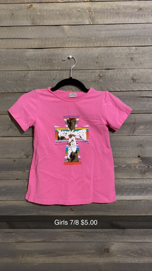 #25 PINK COW CROSS TEE SIZE 7/8 (10/23)