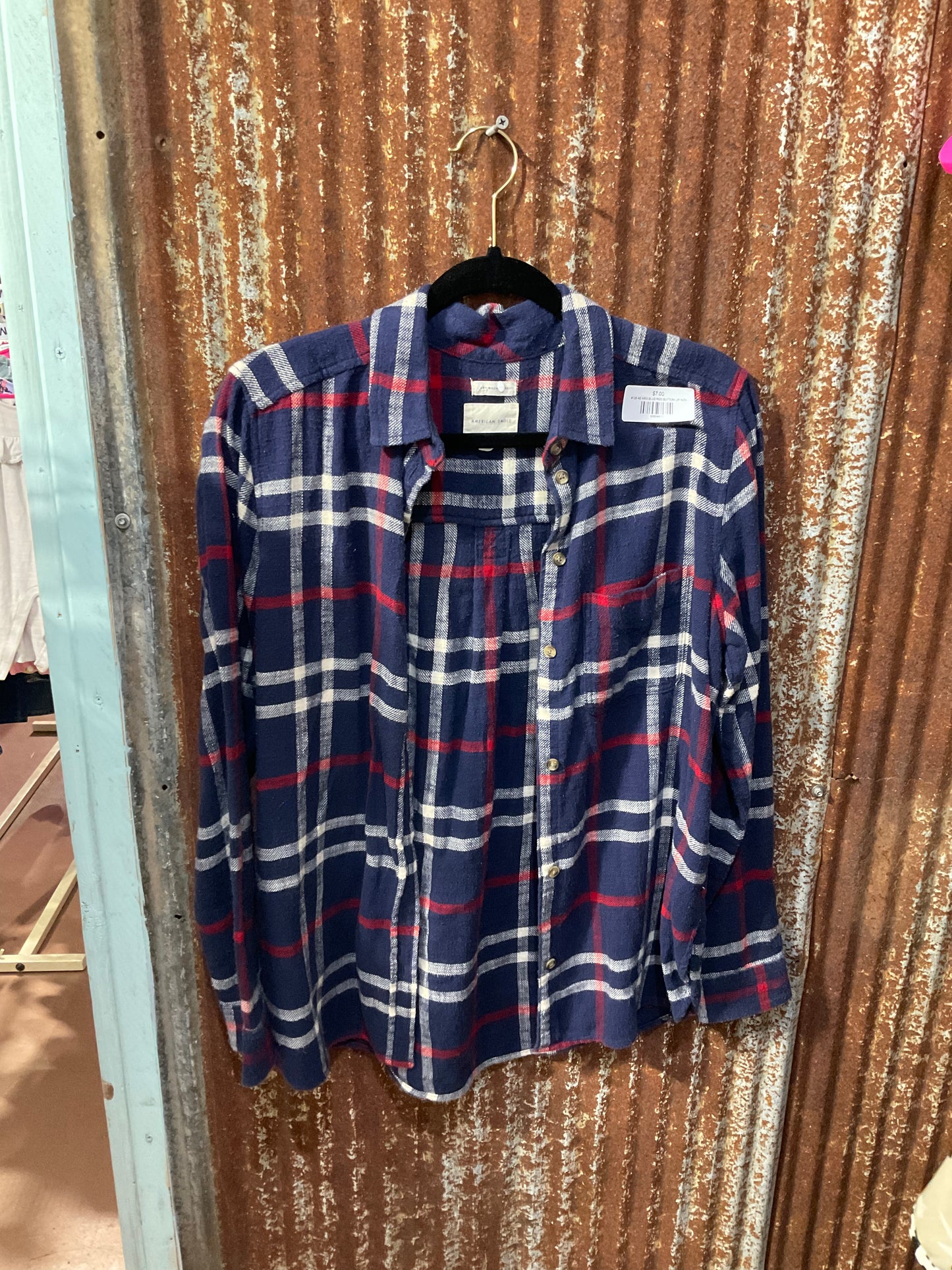 #128 AE MED BLUE/RED BUTTON UP NOV