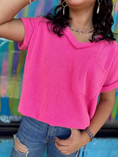 RIBBED VNECK HOT PINK