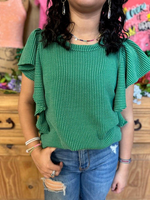 RUFFLED SLEEVE RIBBED KELLY GREEN