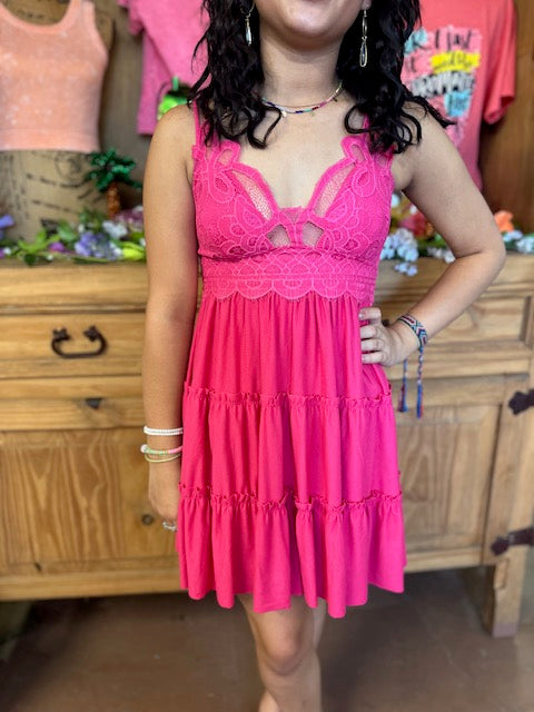 Crochet Lace Ruffle Cami Dress Pink