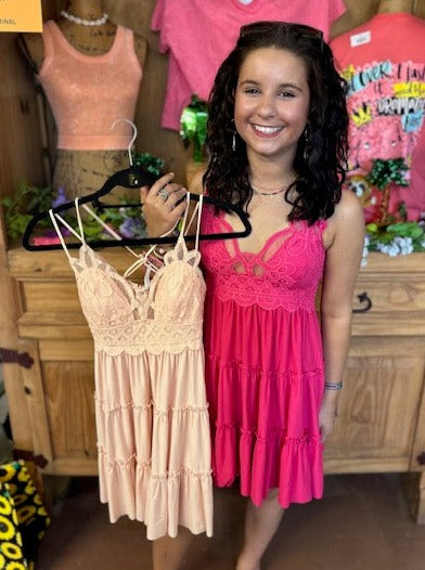 Crochet Lace Ruffle Cami Dress Pink