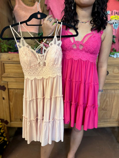 Crochet Lace Ruffle Cami Dress Pink