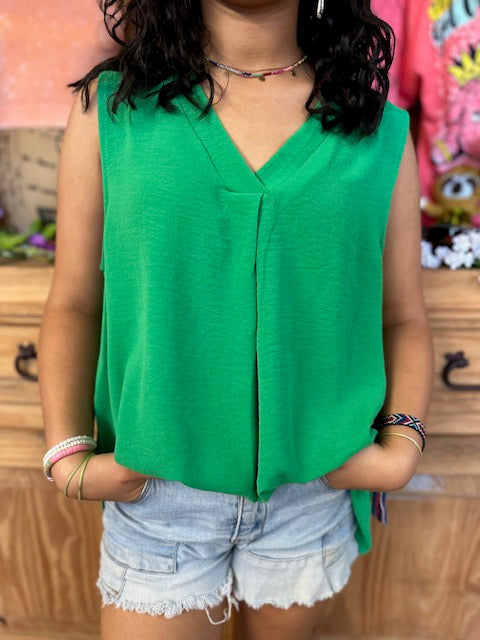 V Neck Kelly Green Sleeveless Woven Top