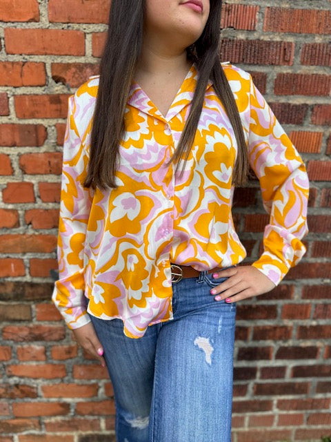 Long Sleeve Retro Print Satin Top