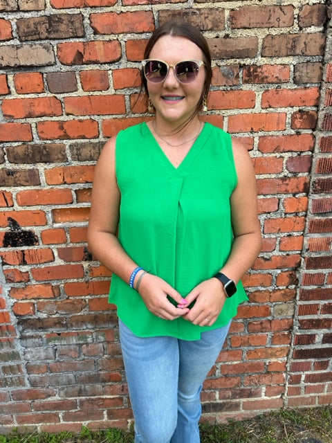 V Neck Kelly Green Sleeveless Woven Top