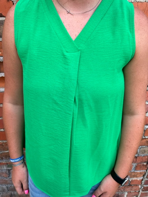 V Neck Kelly Green Sleeveless Woven Top