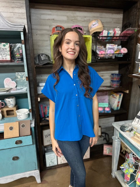 CC BLUE DOLMAN BUTTON UP