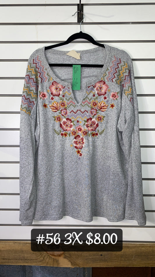#56 3X Gray Embroidered Top