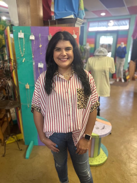 CC RED/WHITE & LEOPARD BLOUSE