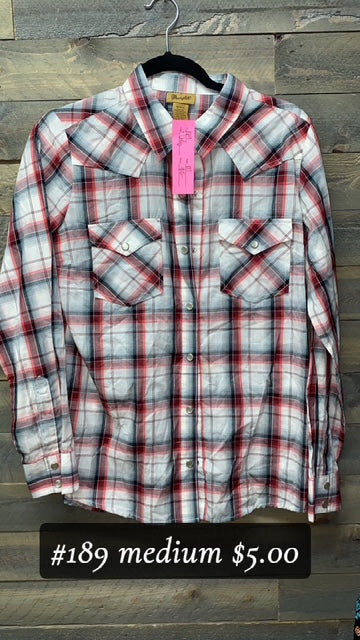 #189 MEDIUM WRANGLER PLAID BUTTON UP