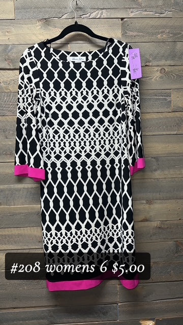 #208 SIZE 6 BLACK/WHITE WITH PINK DRESS