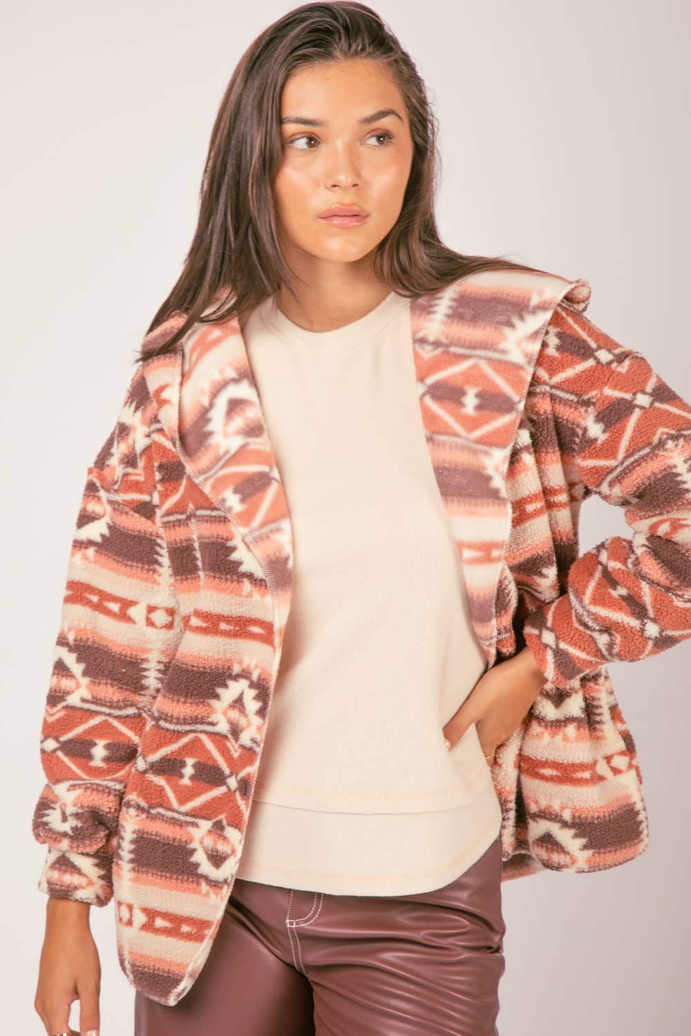 Aztec Tribal Print Hooded Fleece Jacket