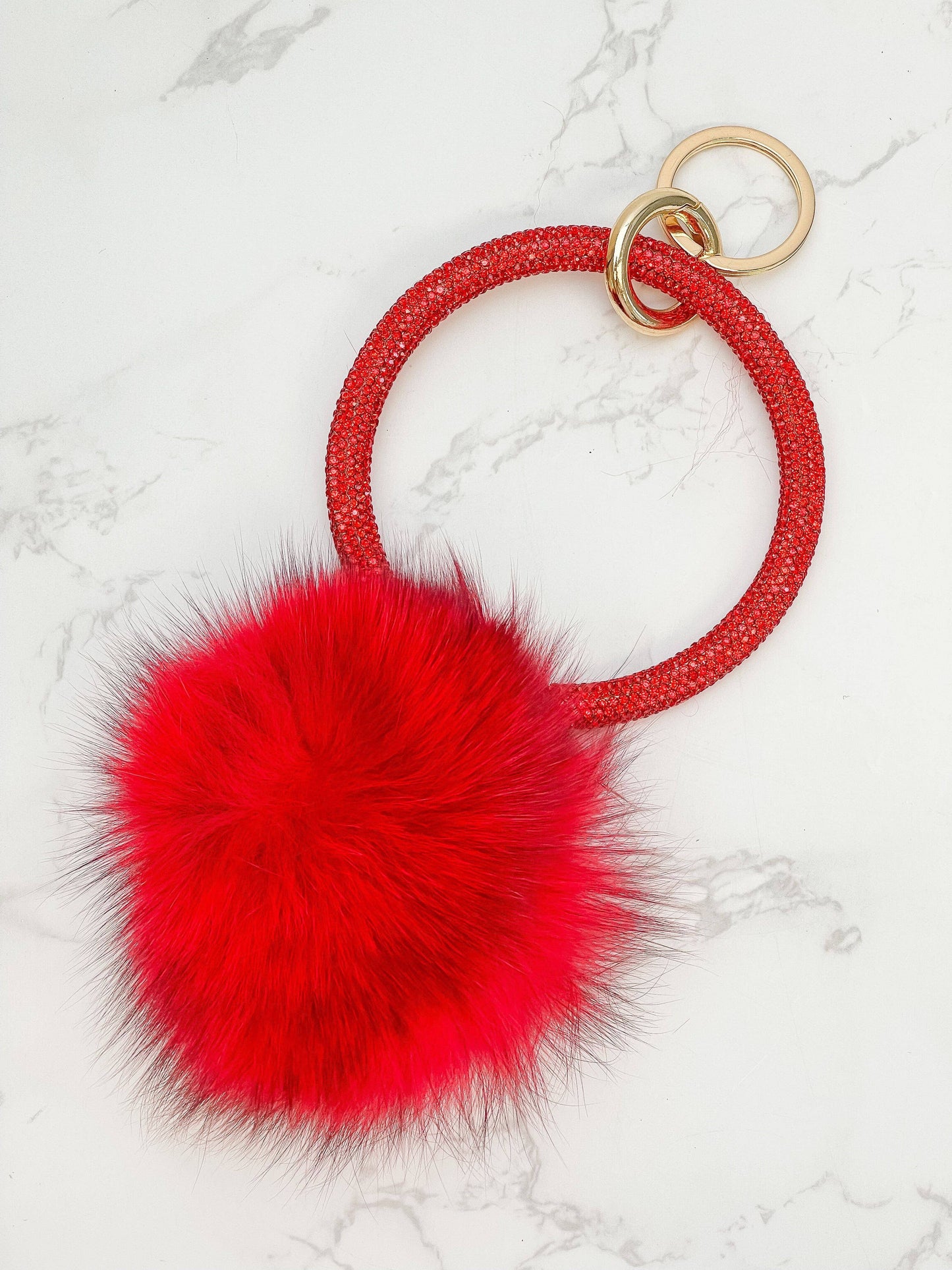 Pom Pom Crystal Rhinestone Bangle Key Ring - Red