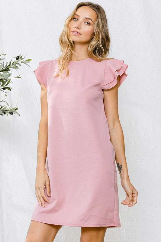 Ruffle Sleeve Solid Tunic Dress DUSTY PINK